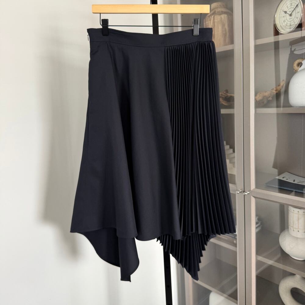 ADEAM Black Pleated Asymmetric Knee Length Midi Skirt 8 Made in Japan Bottoms